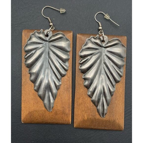 Boho Bohemian Wood / Wooden & Metal Leaf Lightweight Dangle Earrings - Picture 2 of 3